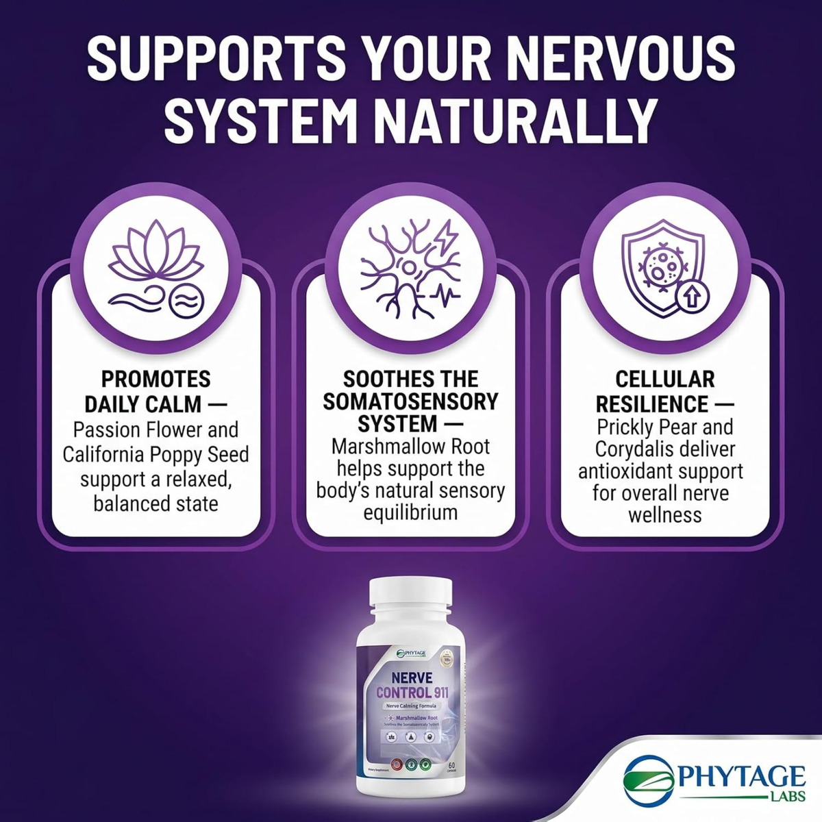 PhytAge Labs Nerve Control 911 – Nerve Calming Formula with Marshmallow Root | 60 Capsules