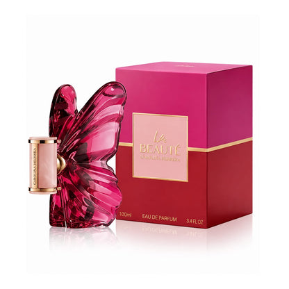 Carolina Herrera La Beaute Eau de Parfum 100ml deep magenta butterfly crystal bottle with gold cap and hot pink red luxury box