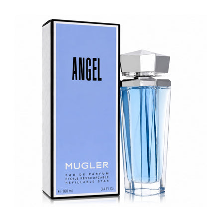 Mugler Angel Eau de Parfum 100ml Refillable Star sky blue faceted bottle with silver geometric cap and pale blue luxury box