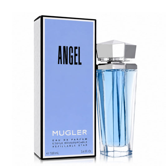 Mugler Angel Eau de Parfum 100ml Refillable Star sky blue faceted bottle with silver geometric cap and pale blue luxury box